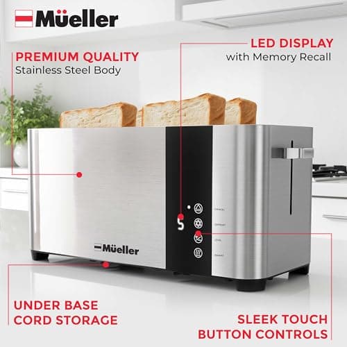 Mueller UltraToast Full Stainless Steel Toaster 4 Slice, Long Extra-Wide Slots for Bagels and Waffles, 6 Browning Levels, LED Display, Cancel/Defrost/Reheat Functions & Removable Tray, Kitchen Gadgets - Image 6