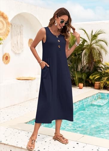 MOLERANI Womens Long Summer Maxi Dresses for Women 2025 Loose Long Dress Sleeveless Tee Shirt Dress Casual Maxi Dress,Navy Blue,M - Image 3