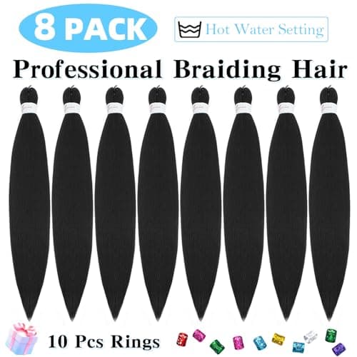 Pre Stretched Braiding Hair 20 Inch 8 Pack Long Braiding Hair Pre Stretched Hair For Braiding Hot Water Setting Soft Yaki Texture Synthetic Crochet Braids Hair For Women Girls (20Inch,1B) - Image 2
