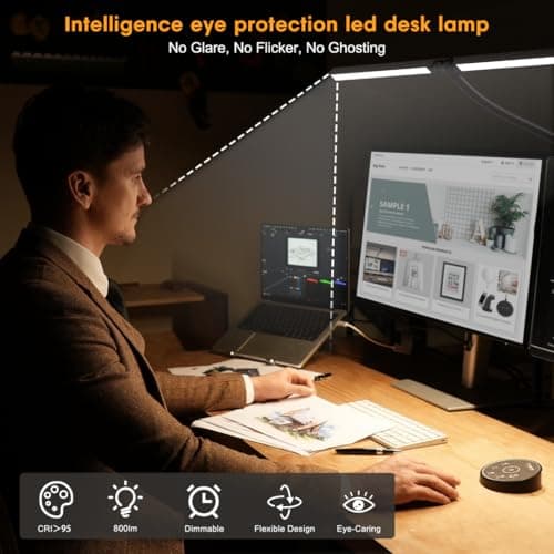 Led Desk Lamp for Office Home - Eye Caring Architect lamp with Clamp,Dual Screen Computer Monitor Gooseneck Smart Light: 24W 5 Color Flexible Adjustable Lighting Table Lamp for Study Drafting - Image 4