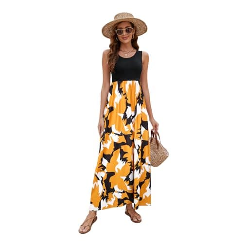 Sherosa Women's Summer Sleeveless Boho Maxi Dresses Chevron Striped Floral Print Casual Long Sundress(Black Brown Yellow,Medium) - Image 3