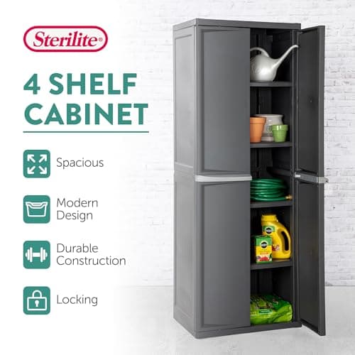 Sterilite 4 Shelf Cabinet, Lockable Utility Storage w/ Adjustable Shelves, Gray - Plastic Shelving Unit for Organizing Garage, Pantry, Basement, Laundry Room or Mudroom - Image 4