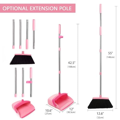 XXFLOWER Broom and Dustpan Set, Dustpans with Broom Combo for Home, Heavy Dust Broom and Dustpan Combo, Long Handle Dust Pan and Broom Set for Kitchen, Office, Pet Hair,Pink, Pack of 1 - Image 5