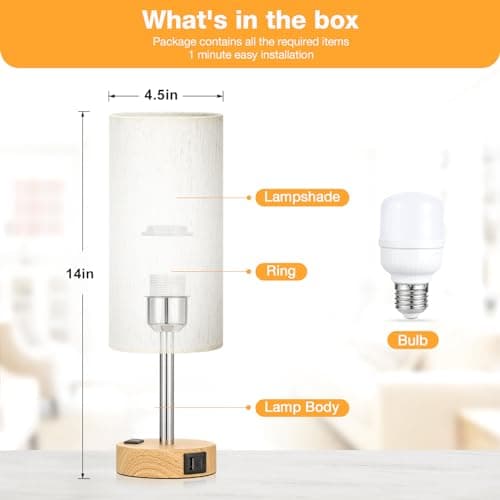 Fenmzee Bedside Table Lamp for Bedroom - 3 Way Dimmable Touch Lamp USB C Charging Ports and AC Outlet, Small Lamp Wood Base Round Flaxen Fabric Shade for Living Room, Desk, LED Bulb Included - Image 5
