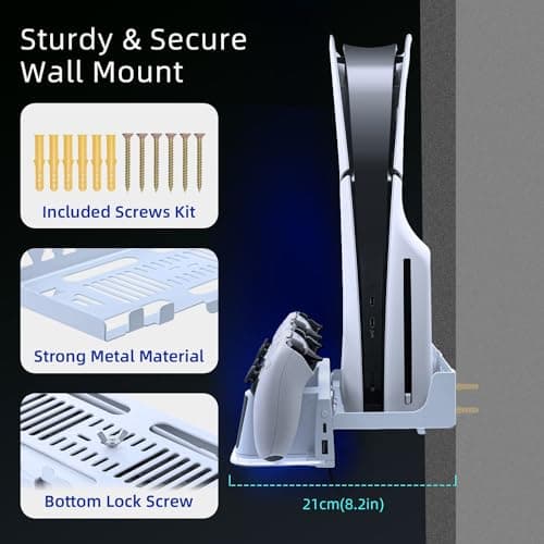 Mcbazel Wall Mount Kit with Charging Station Compatible with PS5/PS5 Slim, Dual Controller Charger, Headphone Hanger, Multi-Mode RGB Light - White - Image 6