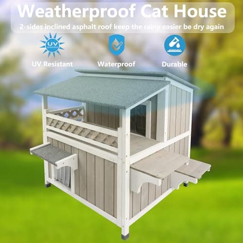 Gowoodhut Feral Cat Shelter Outdoor Weatherproof Houses for Cats Two Story Wooden Cat House Outside Feral Cat House with Balcony Waterproof, Escape Doors - Image 5