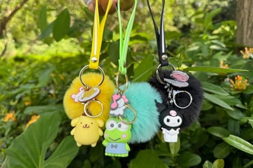 PaPiJoJo Cute Keychains for Women/Girls, Kawaii Pom Pom Fuzzy Key Chain Accessories Wristlet Cartoon Keychain for Backpack Car Keys (Pink208) - Image 4