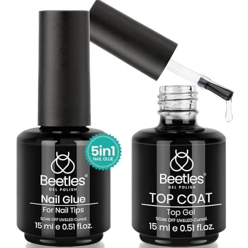 Beetles Gel Nail Glue and No Wipe Top Coat Kit, 2Pcs 15ml 5 In 1 UV Nail Glue for Acrylic Nail Tips Clear Press On Nails, Easy Nail Extension Gel, Soak Off LED Shine Finish DIY Home Manicure