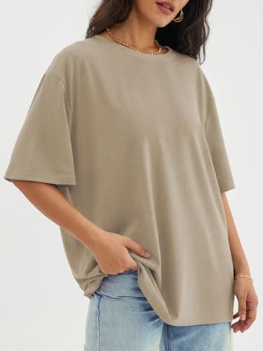 ATHMILE Womens Oversized T Shirts Loose Fit Crewneck Short Sleeve Tops Summer Casual Blouse Y2K 2024 Basic Tee Khaki - Image 4