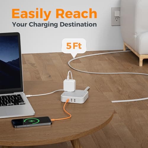 Surge Protector Flat Extension Cord 5Ft, TESSAN Flat Plug Power Strip with 4 Outlets 3 USB Ports (1 USB C), 900 Joules Protection, Multiple Wall Outlet Extender Suitable for Home Office Dorm, Grey - Image 5