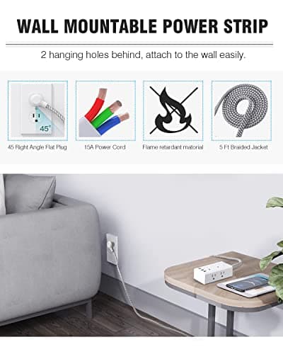 Power Strip Surge Protector - One Beat 6 Widely Outlets with 3 USB Ports (1 USB C), 5 Ft Extension Cord Flat Plug, Wall Mount Outlet Extender Small Power Strip for Travel Home Office College Dorm Room - Image 8