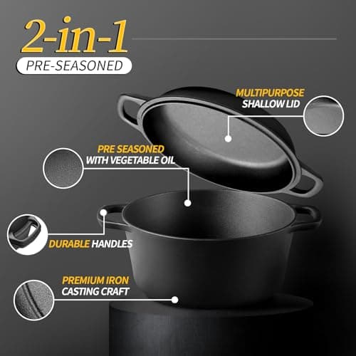 EDGING CASTING 2-in-1 Pre-Seasoned Cast Iron Dutch Oven Pot with Skillet Lid Cooking Pan, Cast Iron Skillet Cookware Pan Set with Dual Handles Indoor Outdoor for Bread, Frying, Baking, Camping, BBQ, 5QT - Image 2