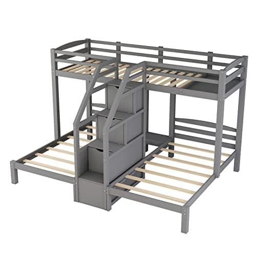 Bellemave Twin Over Twin Bunk Bed for 3, Wood Triple Bunk Beds with Stairs, 3 Bunk Beds with Storage for 3 Kids, Boys, Girls, Teens, Adults No Box Spring Needed (Gray) - Image 9