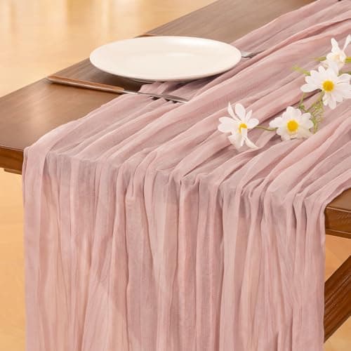 Socomi Pink Cheesecloth Table Runner Summer Boho Rustic Gauze Dusty Pink Farmhouse 120 inch 10FT Cheese Cloth Runner for Wedding Party Baby Shower Birthday Home Decor Holiday Decorations