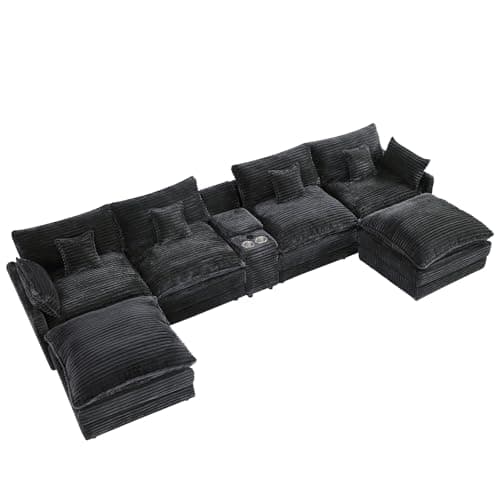 HYJT-H&K 145" U Shaped Cloud Couch Modular Dark Grey Sectional Couches for Living Room, Comfy Fluffy Corduroy Oversized Cloud Sectional Couch Large 6 Seat Sectionals Sofa Set Central Console USB Port - Image 8