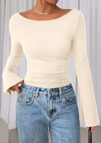 PRETTYGARDEN Women's Long Sleeve Shirts 2025 Fall Crop Going Out Tops Casual Boat Neck Bell Sleeve Ribbed Ruched Y2K Clothes (Beige,Small) - Image 8