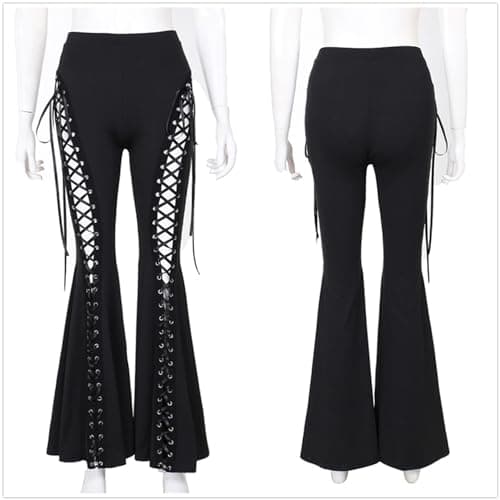 Insgoth Y2k Bell Bottom Pants for Woman Gothic Black Lace-Up Cutout Stretch Punk - Image 6