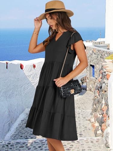 ANRABESS Womens Summer Dress Ruffle Sleeve V Neck Midi Dresses Fashion Casual Fit Flowy Tiered Boho Beach Vacation Sundress Black-M - Image 3