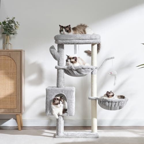 Heybly Cat Tree, 39.4 Inches Tower Condo with Scratching Post, Cat Tower for Indoor Cats, Fully Wrapped Sisal Pole, Soft Platform, 2 Baskets and Dangling Toy, Light Gray HCT006SW - Image 8