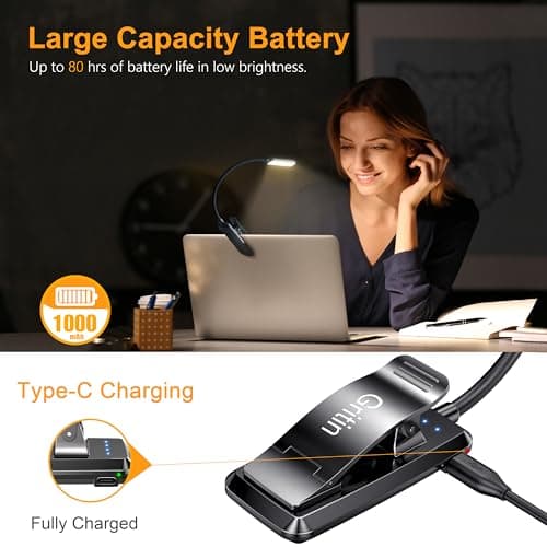 Gritin 9 LED Rechargeable Book Light for Reading in Bed - Eye Caring 3 Color Temperatures,Stepless Dimming Brightness,80 Hrs Runtime Small Lightweight Clip On Book Reading Light for Studying - Image 4