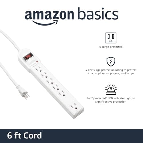 Amazon Basics Surge Protector Power Strip, 6-Outlet, 790 Joules, LED Indicator, 6ft Extension Cord, White - Image 2
