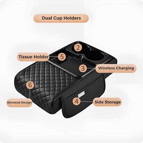 PIEZAPRINT 5-in-1 Center Armrest Console Cover – Cushion Pad with 15W Wireless Charging, Dual Cup Holders & Side Pockets, Protective Middle Console Storage Organizer, Black - Image 3
