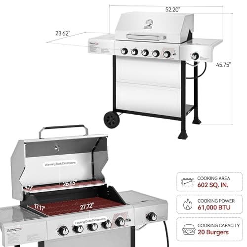 Royal Gourmet GA5401T 5 Burner Propane Gas Grill with Side Burner and Sear Burner, Stainless Steel Gas BBQ Grill with 61,000 BTUs Output for Barbecue Grilling & Backyard Cooking, Silver - Image 3