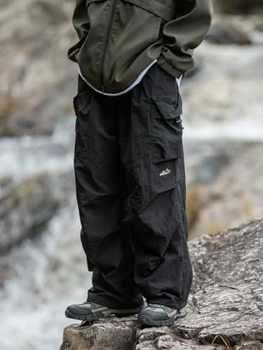 Mens's Baggy Cargo Pants Casual Parachute Pants Loose Fit Hip Hop Harme Lightweight Water Resistant Pants with Pockets Black - Image 3
