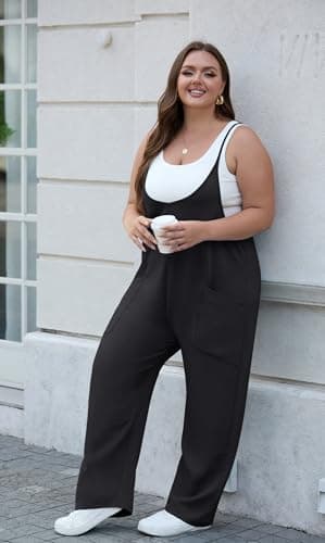 OLRIK Plus Size Black Jumpsuit for Curvy Women Long Loose Fit Rompers For Seniors Casual Overalls With Pockets Summer Outfits Black-3X - Image 6