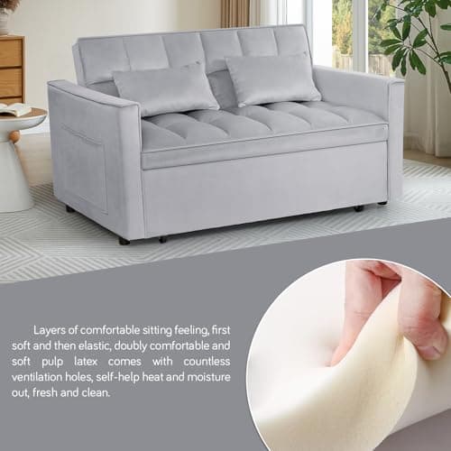 3 In 1 Velvet Convertible Sofa Bed, Pull Out Couch Bed with Reclining Backrest And 2 Pillows, 54" Full Size Loveseat Sleeper Sofa Futon Couch Bed, Couches For Small Spaces, Living Room (Silver Grey) - Image 5