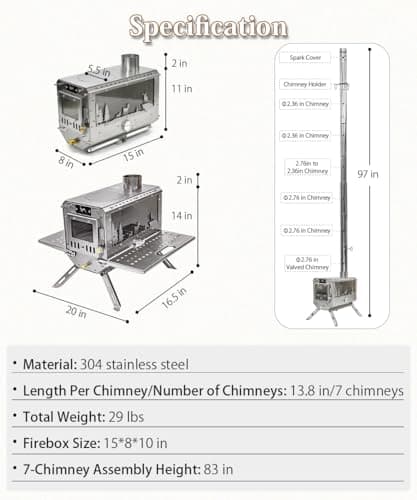 TOMOUNT Hot Tent Stove,Wood Stove with 7 Chimney Pipes,304 Stainless Camping Tent Stove with Spark Damper, Wood Burning Stove for Cooking and Heating，with heat-resistant Glass Window - Image 7