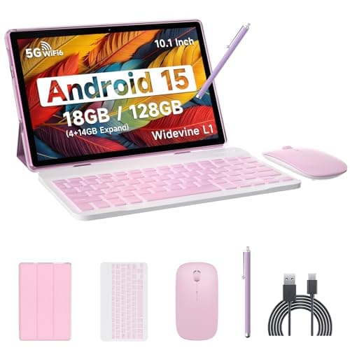 Android 15 Tablet, 10 Inch 18GB RAM+128GB ROM/ 2TB Expandable Tablet PC, Quad-core 2.0GHz Processor, 1280*800 10" HD Touch Screen, 2.4G/5G WiFi 6 BT 5.0, 2 in 1 Tablets with Keyboard Case Mouse Stylus