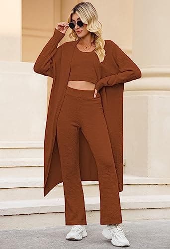 TOLENY 3 Piece Fuzzy Outfits Sets for Women Cardigan Crop Tank Wide Leg Pants Sweatsuit Lounge Sets Brown XL - Image 5