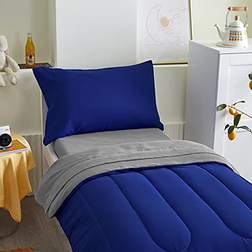 4 Pieces Toddler Bedding Set Ultra Soft and Breathable Toddler Comforter Sheet Set for Autumu and Winter- Includes Warm Comforter, Flat Sheet, Fitted Sheet and Pillowcase - Royal Blue & Gray - Image 3