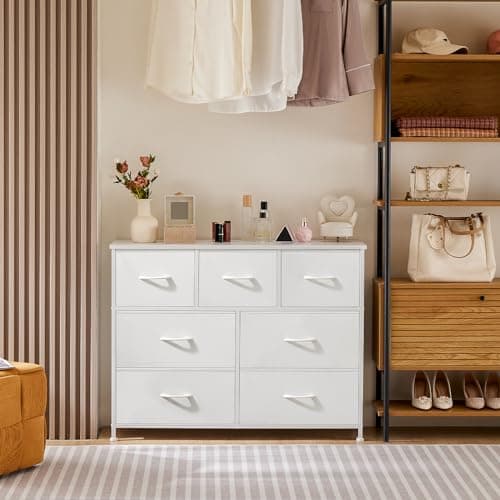 OLIXIS Dresser for Bedroom, 7 Storage Drawers, Wide Fabric Closet Chests Organizer Tower Furniture, TV Stand with Wooden Top Metal Frame for Clothes, Living Room, Hallway, Entryway, Classic White - Image 2