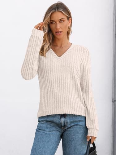AUTOMET Womens V Neck Long Sleeve Shirt Fall Fashion Tops Tunic Dressy Casual Sweater Clothes Cute Trendy Work Outfits 2025 Apricot L - Image 2