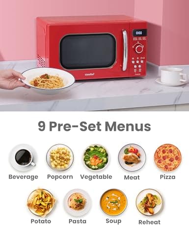 COMFEE' Retro Small Microwave Oven With Compact Size, 9 Preset Menus, Position-Memory Turntable, Mute Function, Countertop, Perfect For Small Spaces, 0.7 Cu Ft/700W, Red, AM720C2RA-R - Image 3
