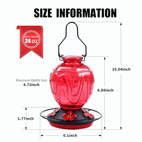 Glass Hummingbird Feeder for Outdoors Hanging, 24Ozs Humming Bird Nectar Feeder w/Perch, 5 Flower Feeding Ports, Leak Proof Base and Hook for Outside Garden Backyard Decor, Gifts for Women Mom, Red - Image 4