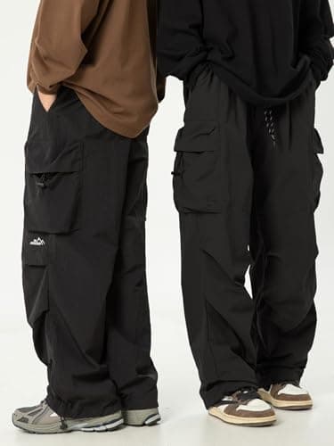 Mens's Baggy Cargo Pants Casual Parachute Pants Loose Fit Hip Hop Harme Lightweight Water Resistant Pants with Pockets Black - Image 2