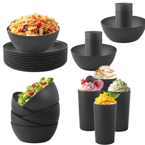 YARRGGU 24pcs Dinnerware Sets,Plastic Plates and Bowls Sets,Dishes Set for 8,Unbreakable Modern Dish Sets,Reusable Dinning Set,Dishware Sets for Kitchen,Party or Picnic, Dishwasher Safe,Black,BPA free - Image 3