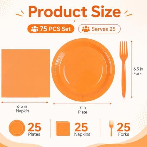 Amazon.com: 75Pcs Orange Paper Plates and Napkins for Fall Birthday | 7inch Party Supplies Set Disposable Party Supplies Includes Paates Napkins Forks Decorations for Pumpkin,Birthday,Halloween : Health & Household - Image 4