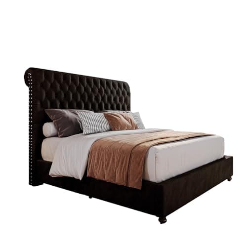 PaPaJet King Bed Frame Upholstered Platform Bed Frame with 52.8'' Tall Sleigh Headboard, Button Tufted, No Box Spring Needed, Easy Assembly, Black - Image 9
