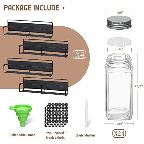VITEVER Magnetic Spice Rack, 4 Pack, 24 Square Glass Jars with Lids, Quick-Find Pre-Printed Labels, Funnel, Space Saver, Refrigerator and Microwave Oven Organizer - Image 4