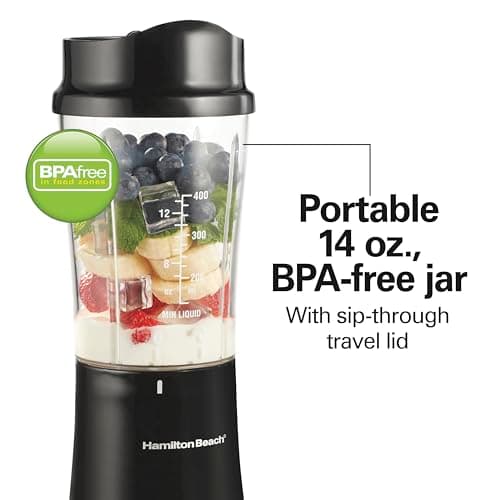 Hamilton Beach Portable Blender for Shakes and Smoothies, 14 Oz BPA Free Travel Cup & Lid, Durable Stainless Steel Blades, Personal Smoothie Blender, Black (51101AG) - Image 7