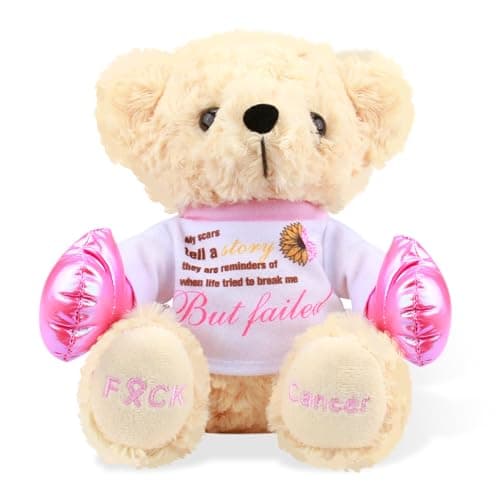 Breast Cancer Awareness Stuffed Bear Plush – 8" Fuck Cancer Teddy Bear Stuffed Animal Toy with Pink Boxing Gloves, Breast Cancer Comfort Gifts for Women, Inspirational Gift For Cancer Warrior Fighter