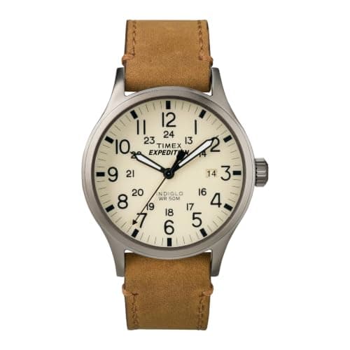 Timex Men's Expedition Scout 40mm Watch, Gray Case, Tan Leather Strap | Rugged Field Design with Full Arabic Numerals, Adjustable Strap, INDIGLO Backlight & 50m Water Resistance