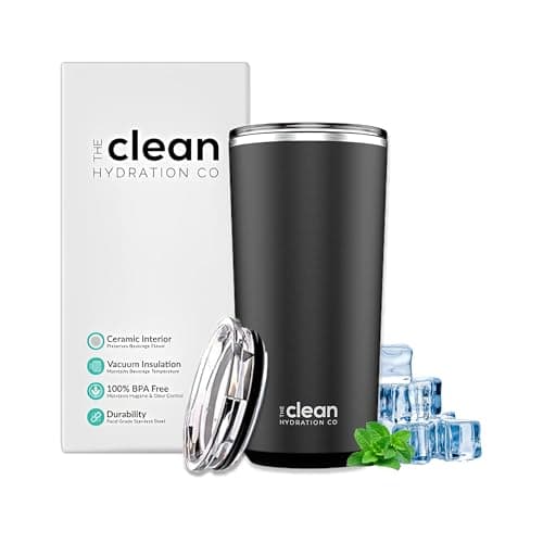 The Clean Hydration Company Insulated Coffee tumbler | Travel coffee mug | Ceramic Lined Tumbler | Iced Coffee Tumbler Cup with Lid | Double Wall Vacuum (Black)