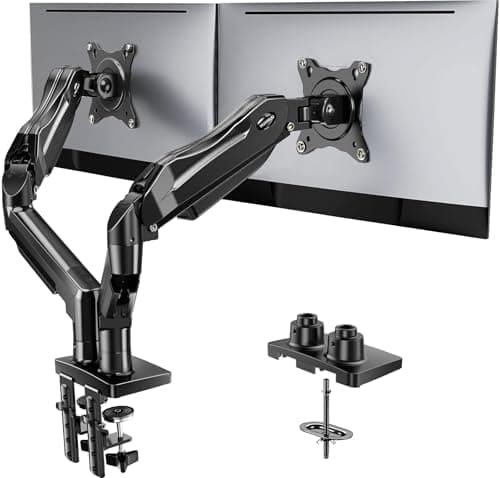 HUANUO FlowLift™ Dual Monitor Stand, Fully Adjustable Gaming Monitor Desk Mount for 13–32″ Computer Screens, Full Motion VESA 75x75/100x100 with C-Clamp & Grommet Base, Each Arm Holds 4.4 to 19.8 lbs - Image 2
