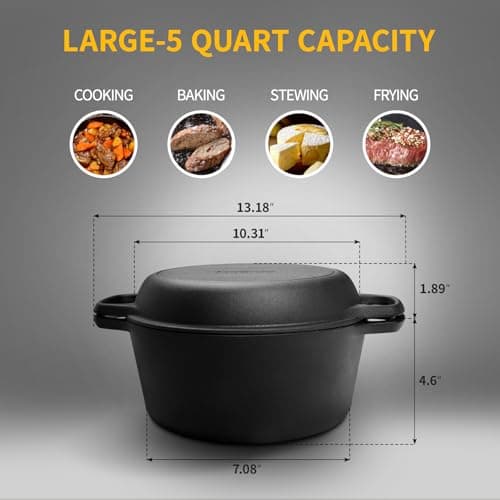 EDGING CASTING 2-in-1 Pre-Seasoned Cast Iron Dutch Oven Pot with Skillet Lid Cooking Pan, Cast Iron Skillet Cookware Pan Set with Dual Handles Indoor Outdoor for Bread, Frying, Baking, Camping, BBQ, 5QT - Image 3