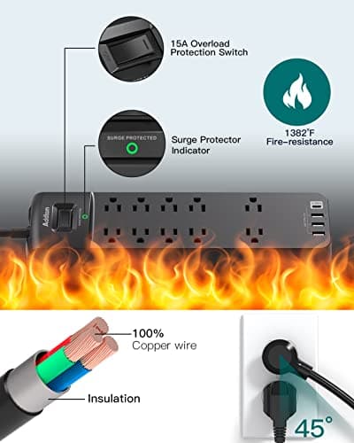 Power Strip - Addtam Surge Protector with 10 Outlets and 4 USB Ports, 6 Feet Extension Cord with Flat Plug, 2700 Joules, ETL Listed, Black - Image 6